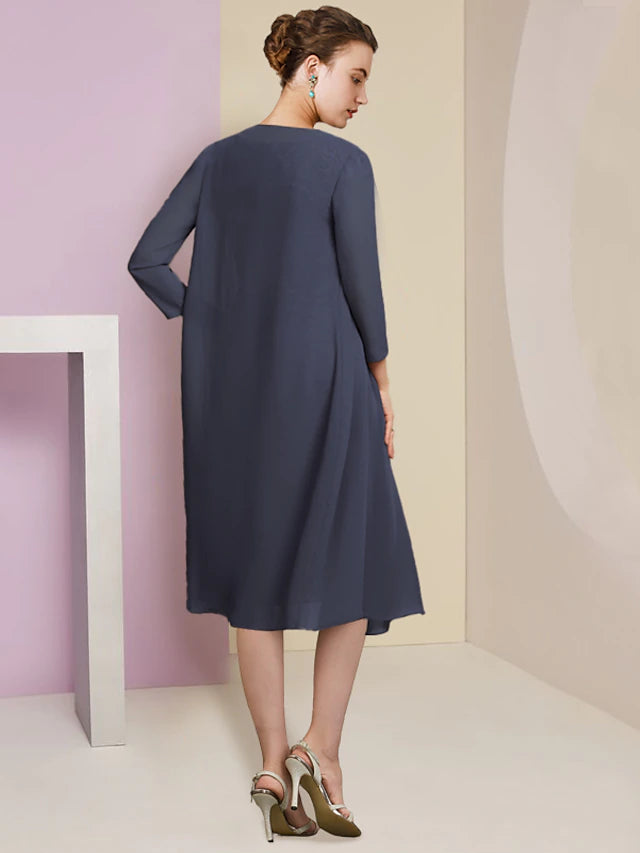 Luolandi Two Piece Sheath / Column Mother of the Bride Dress Formal Wedding Guest Vintage Elegant Scoop Neck Jewel Neck Knee Length Chiffon Lace Short Sleeve Jacket Dresses